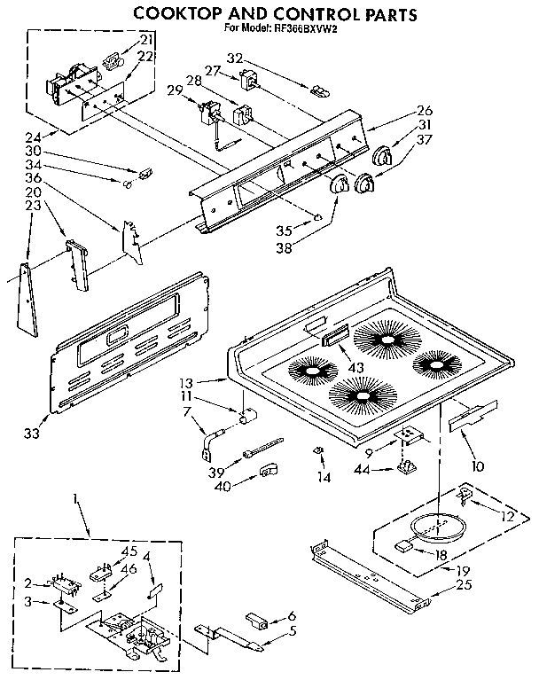 Whirlpool RF366BXVW2 cooktop and control diagram