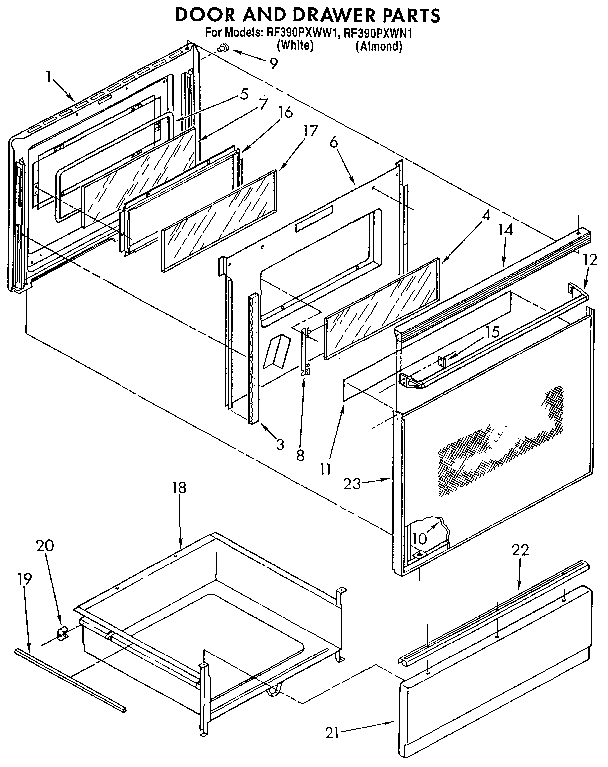Whirlpool RF390PXWN1 door and drawer diagram