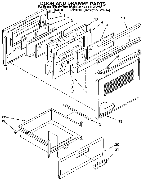 Whirlpool RF365PXYN0 door and drawer diagram