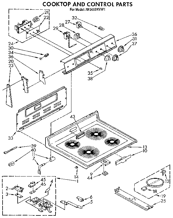 Whirlpool RF366BXVW1 cooktop and control diagram