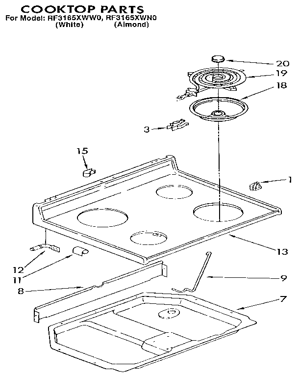 Whirlpool RF3165XWW0 cooktop diagram