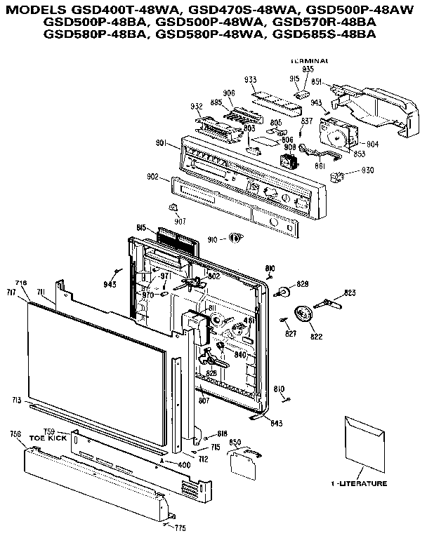 GE GSD500P-48AW control panel and door diagram