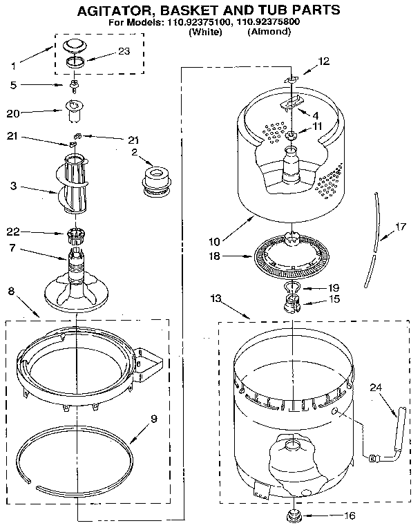 Kenmore 11092375100 agitator, basket and tub diagram