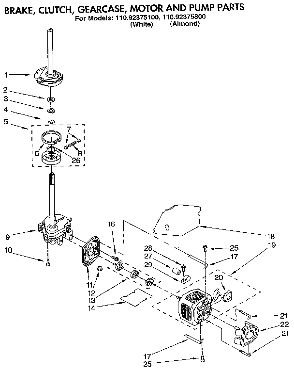Kenmore 11092375100 brake, clutch, gearcase, motor and pump diagram
