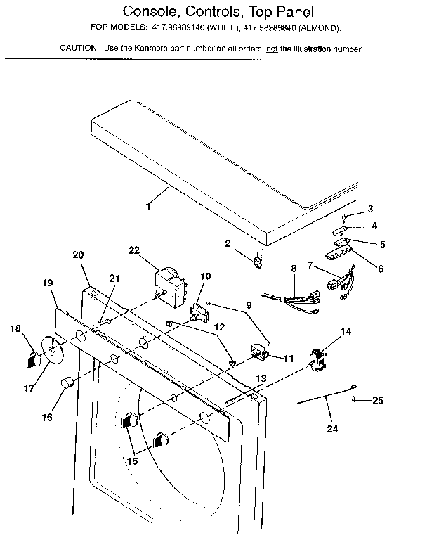 Kenmore 41798989140 console, controls, top panel diagram
