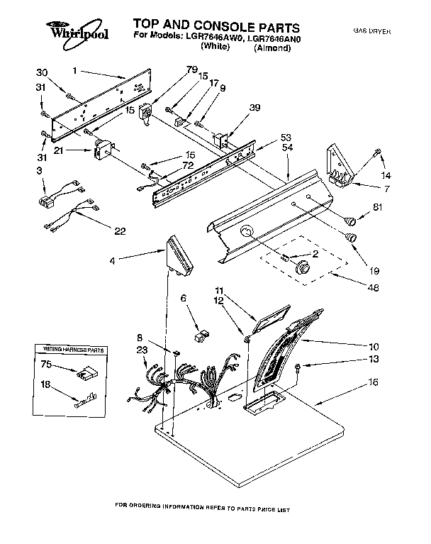 Whirlpool LGR7646AN0 top and console diagram