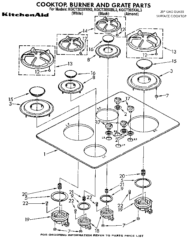 KitchenAid KGCT305XAL3 cooktop, burner and grate diagram