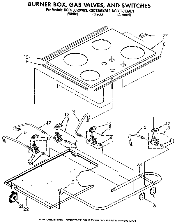 KitchenAid KGCT305XAL3 burner box, gas valves, and switches diagram