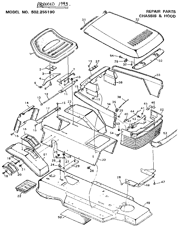 Craftsman 502255190 chassis & hood diagram