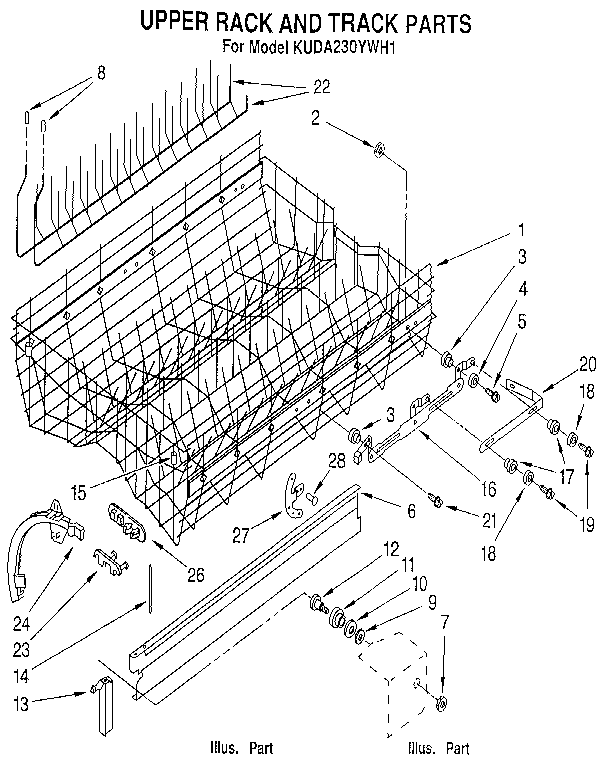 KitchenAid KUDA230YWH1 upper rack and track diagram