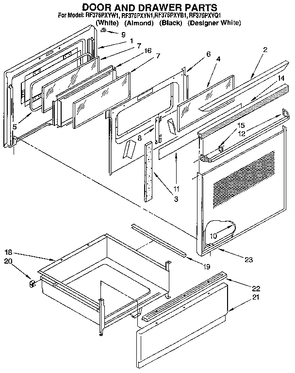 Whirlpool RF376PXYB1 door and drawer diagram
