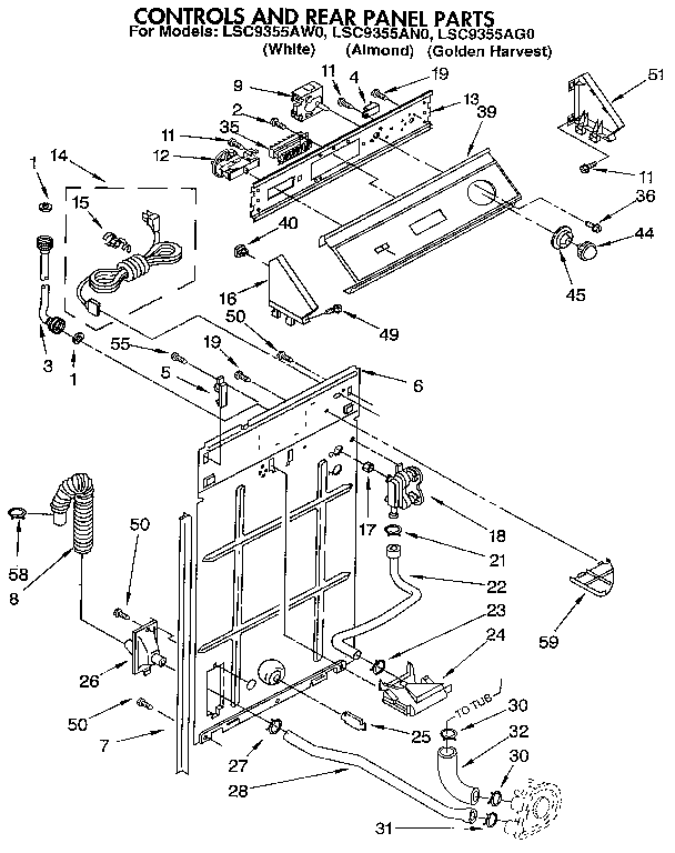 Whirlpool LSC9355AG0 controls and rear panel diagram