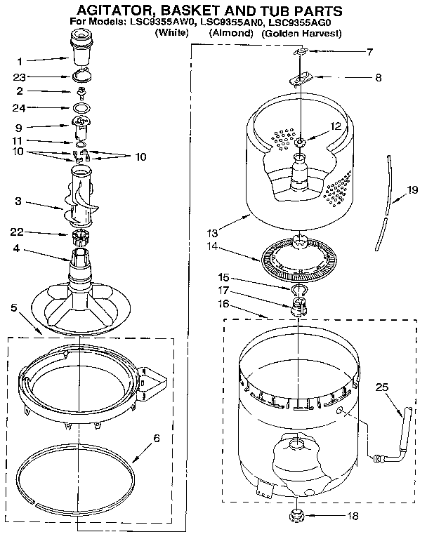 Whirlpool LSC9355AG0 agitator, basket and tub diagram