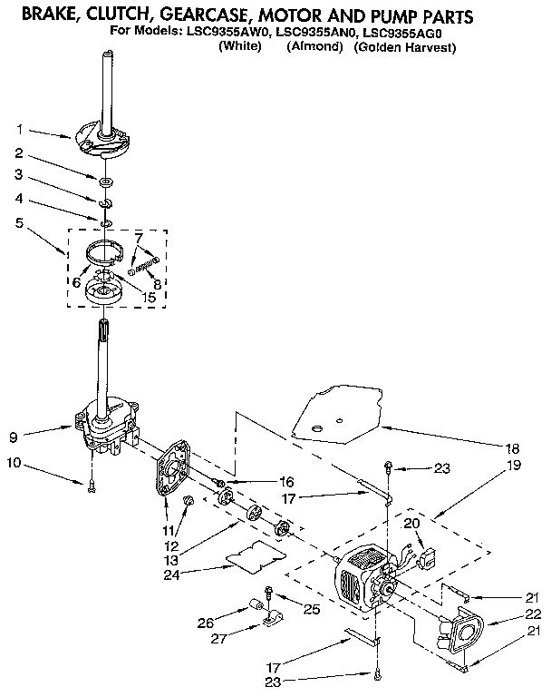 Whirlpool LSC9355AG0 brake, clutch, gearcase, motor and pump diagram
