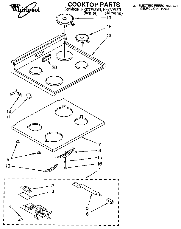 Whirlpool RF377PXYN1 cooktop diagram