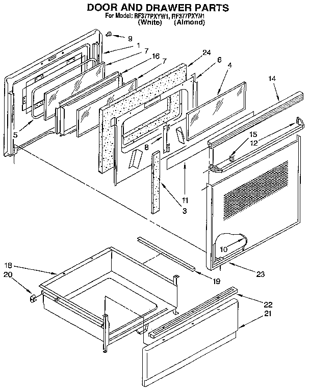 Whirlpool RF377PXYN1 door and drawer diagram