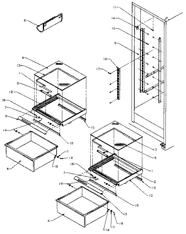 Amana SXD25NP-P1162407W refrigerator shelving and drawers diagram