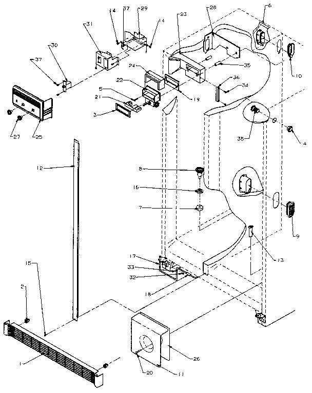 Amana SXD25NP-P1162407W refrigerator/freezer controls and cabinet diagram