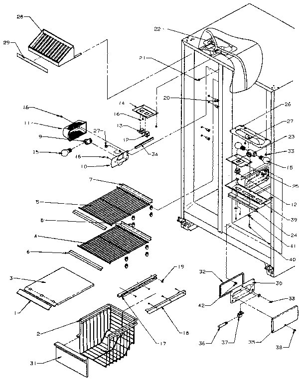 Amana SXD27N-P1162411W freezer shelving and refrigerator light diagram