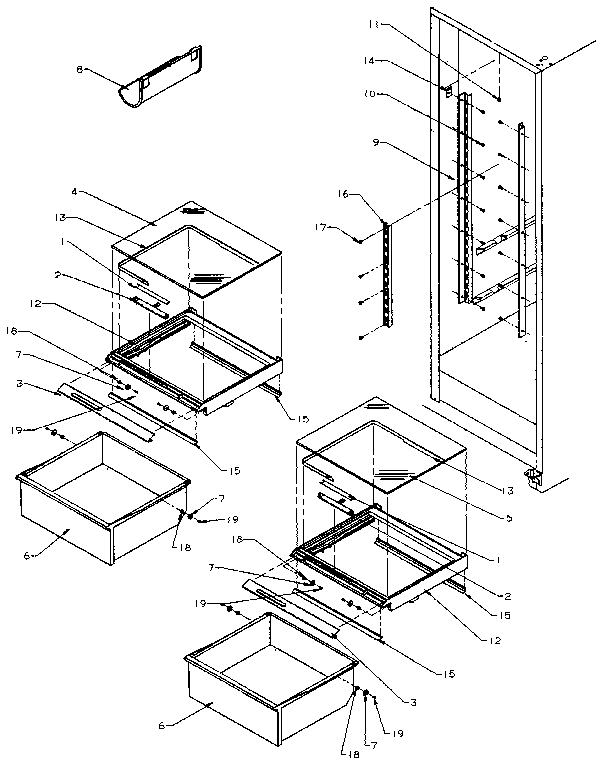 Amana SXD22N-P1162405W refrigerator shelving and drawers diagram