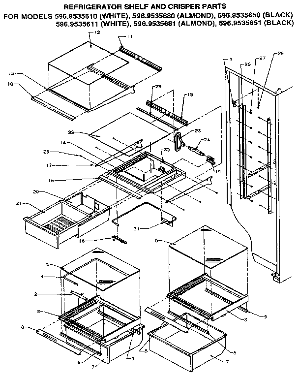 Kenmore 5969535680 refrigerator shelf and crisper diagram