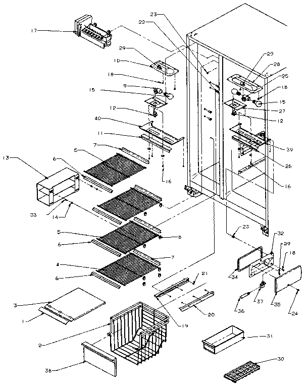 Amana SX25N-P1162704W freezer shelving and refrigerator light diagram
