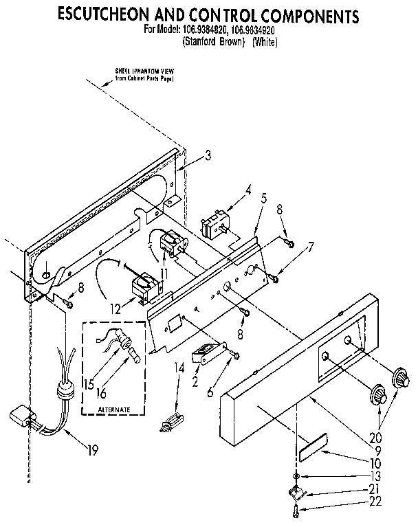 Kenmore 1069384820 escutcheon and control components diagram