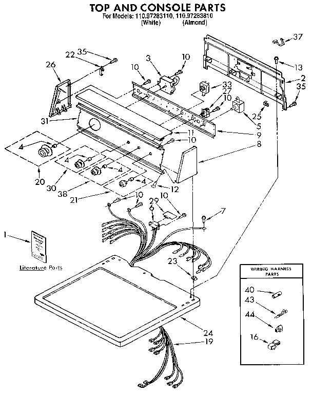 Kenmore 11097283810 top and console parts diagram