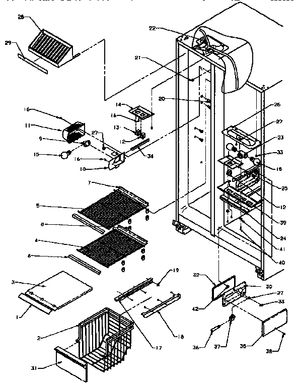Amana SXD25NP2-P1162433W freezer shelving and refrigerator light diagram