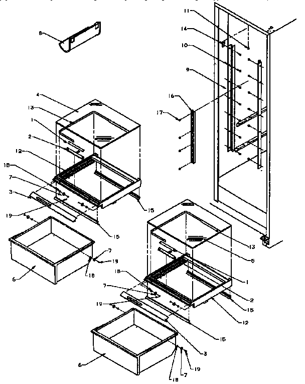 Amana SXD25NP2-P1162433W refrigerator shelving and drawers diagram