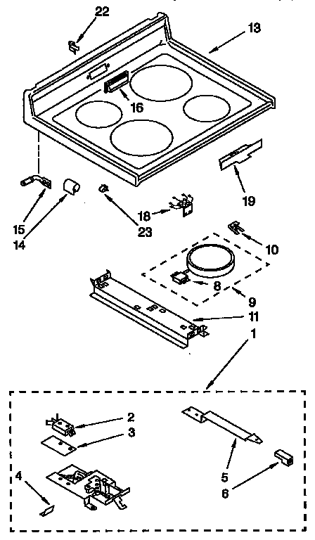 Whirlpool RF376PXYN2 cooktop and locking latch assembly diagram