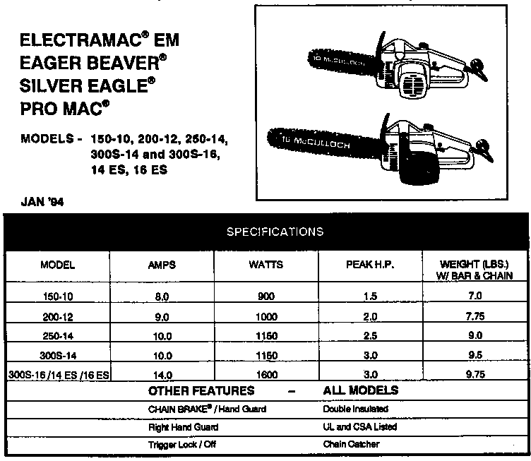 McCulloch ELECTROMAC EM specifications diagram