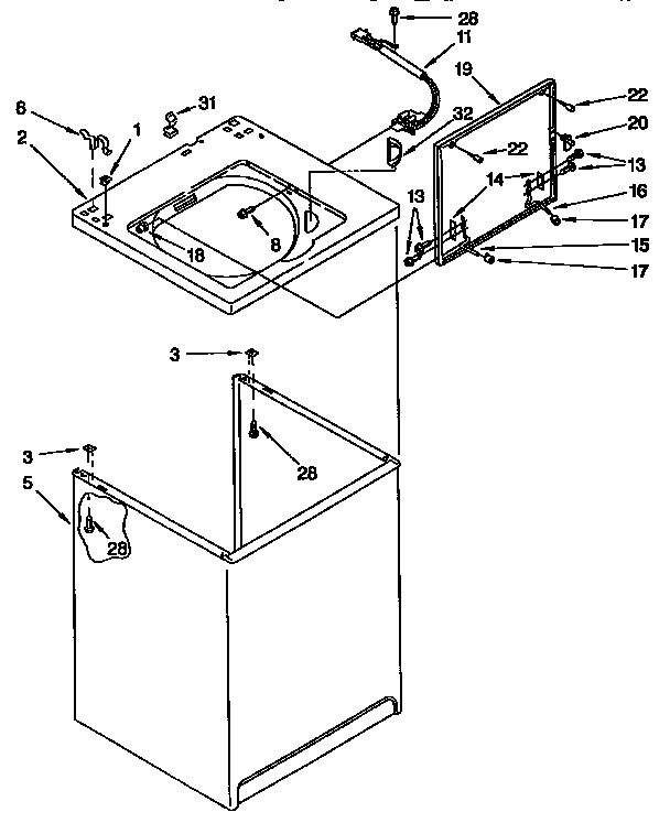 Whirlpool LSR7233BWO top and cabinet diagram
