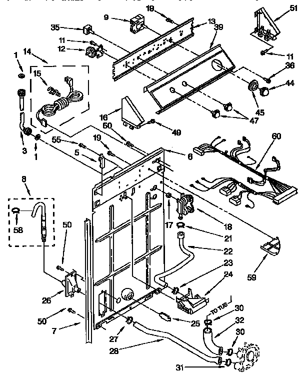 Whirlpool LSR7233BWO controls and rear panel diagram