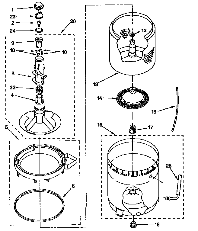 Whirlpool LSR7233BWO tub, basket, and agitator diagram