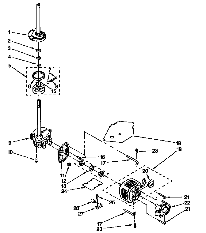 Whirlpool LSR7233BWO brake, clutch, gearcase, motor and pump diagram