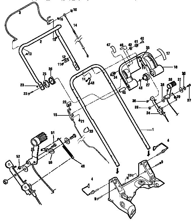 Troybilt 34023 handlebar and mower controls--models 34022 and 34023 diagram