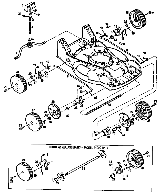 Troybilt 34023 cutting height control and wheel assemblies diagram