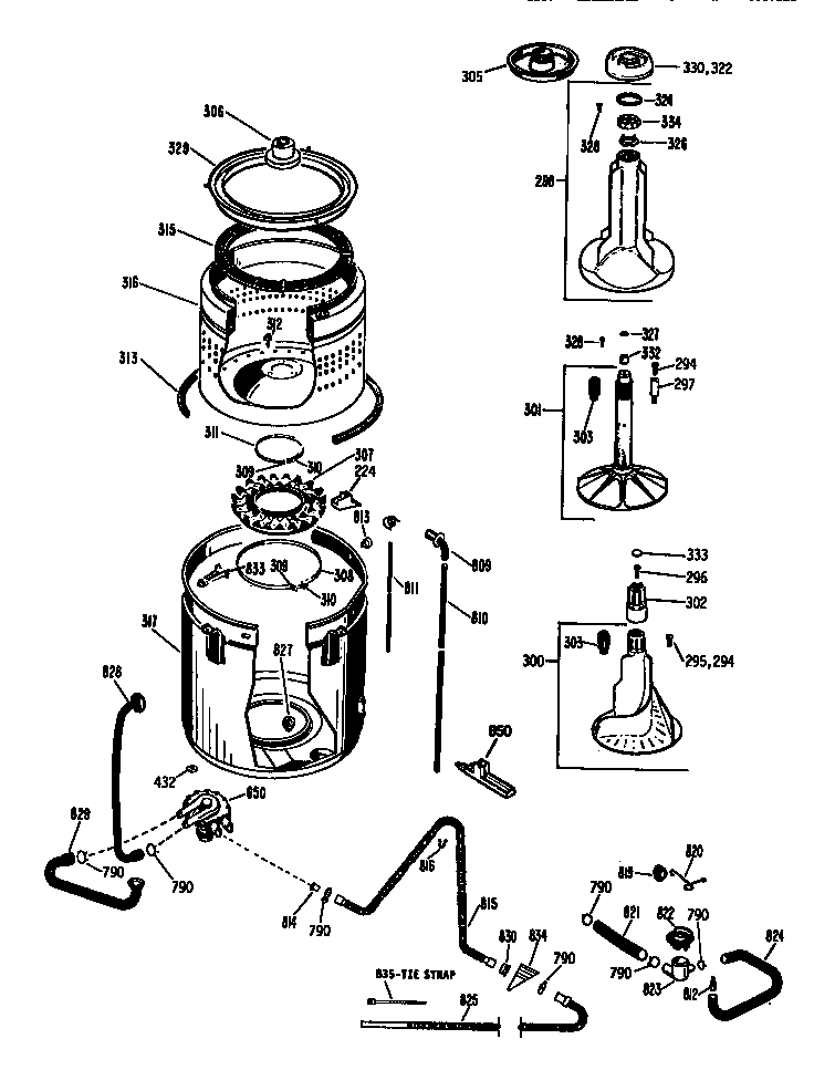 GE WWA8600SCLAA tub, basket and agitator diagram