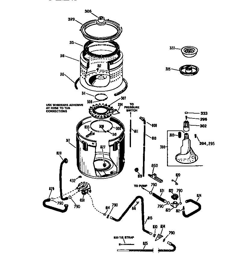 GE WWA3650SALAD tub, basket and agitator diagram