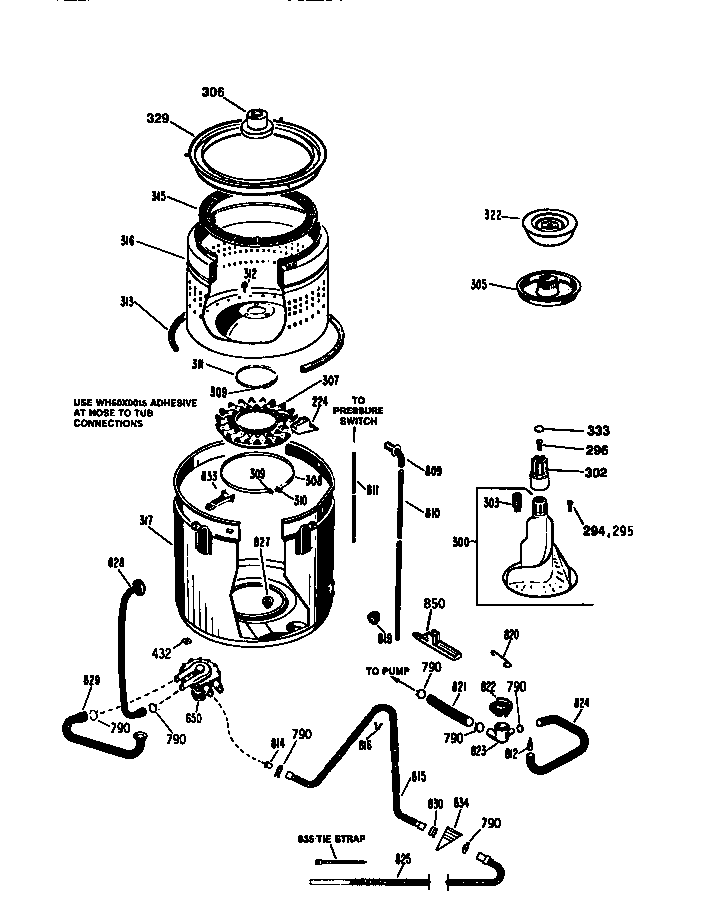 GE WWA6800SALAD tub, basket and agitator diagram
