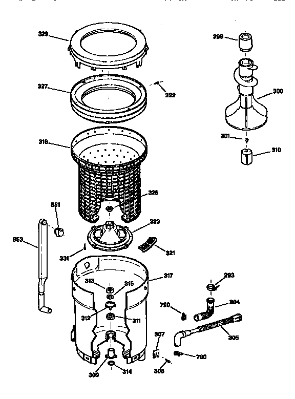 GE WNXR2100T2AA tub, basket and agitator diagram