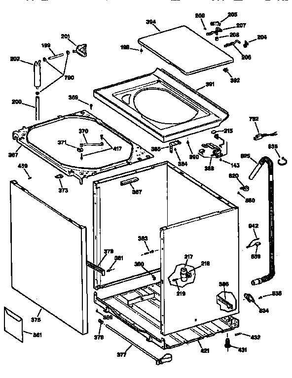 GE WNXR2100T2WW cabinet, cover and front panel diagram