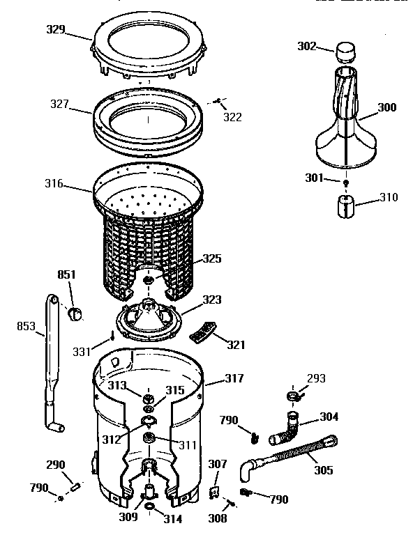 GE WCXR1070T2AA tub, basket and agitator diagram