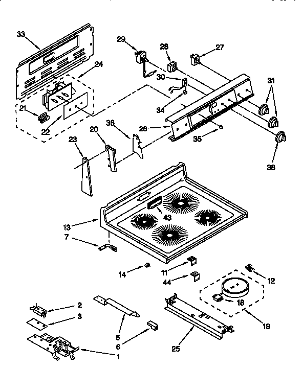 Whirlpool RF366BXDN0 cooktop and control diagram