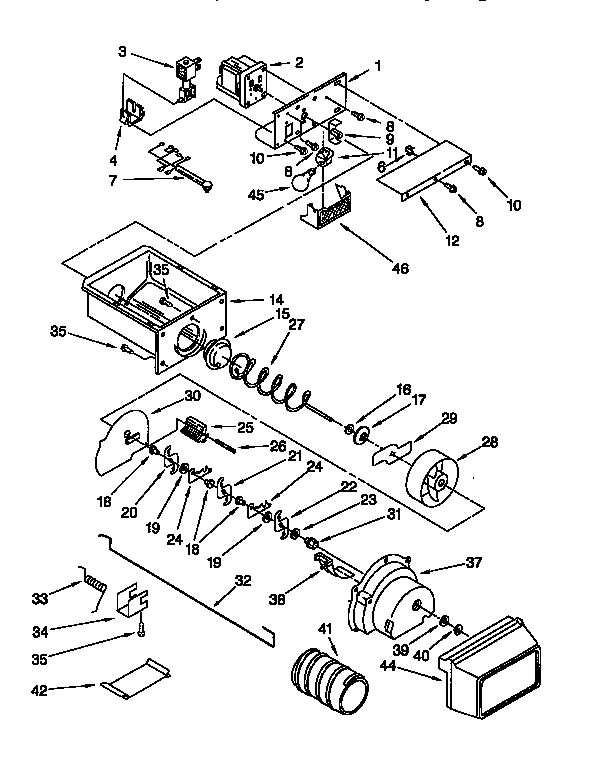 Whirlpool ED25DQXDW02 motor and ice container diagram