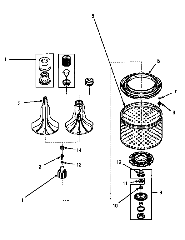 Amana AWM392W2 agitator, washtub & hub diagram