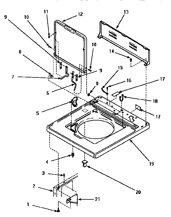 Amana AWM392W2 cabinet top, door & c.h. rear panel diagram