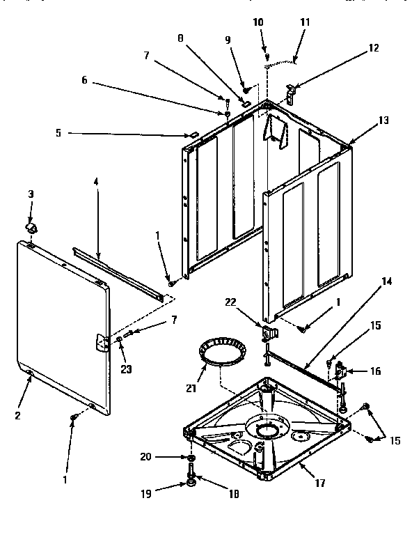 Amana AWM392W2 front panel, base & cabinet assy diagram