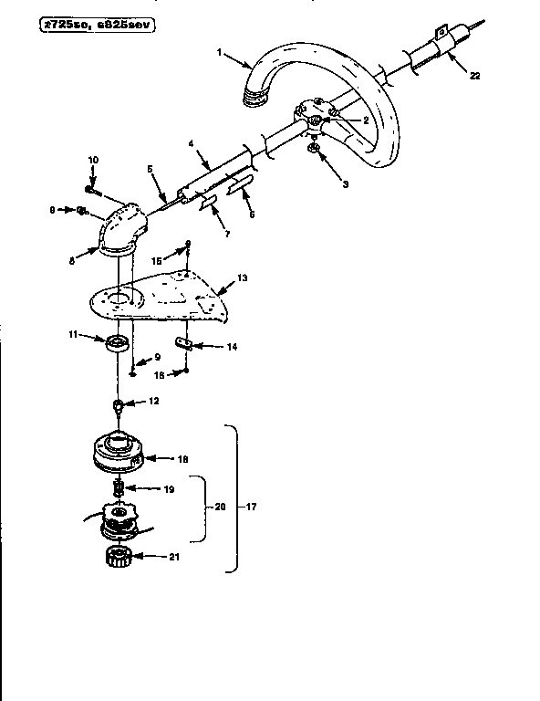 Homelite Z725SE drive shaft and cutter head assembly diagram